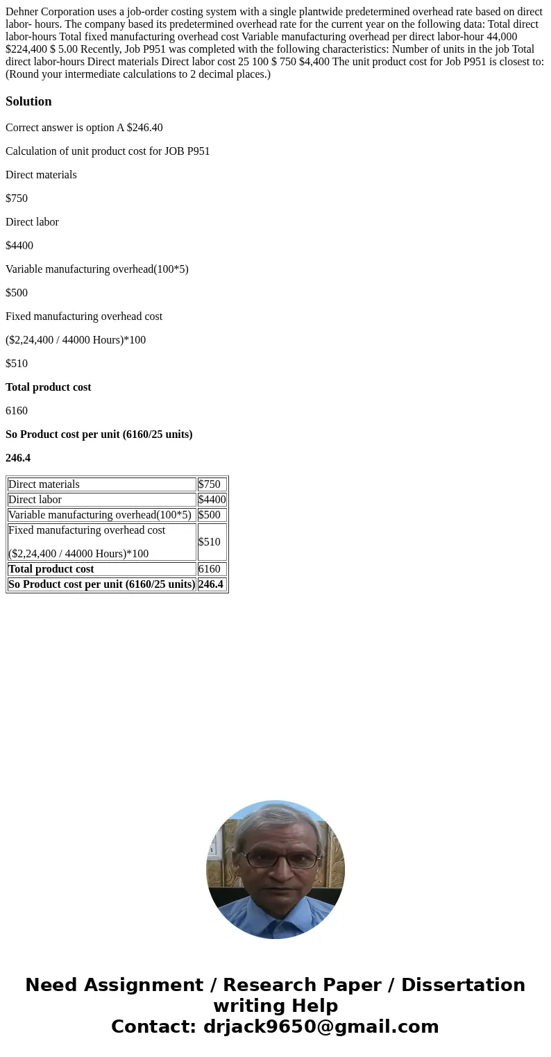 Dehner Corporation uses a job-order costing system with a single plantwide predetermined overhead rate based on direct labor- hours. The company based its pred  Dehner Corporation uses a job-order costing system with a single plantwide predetermined overhead rate based on direct labor- hours. The company based its pred