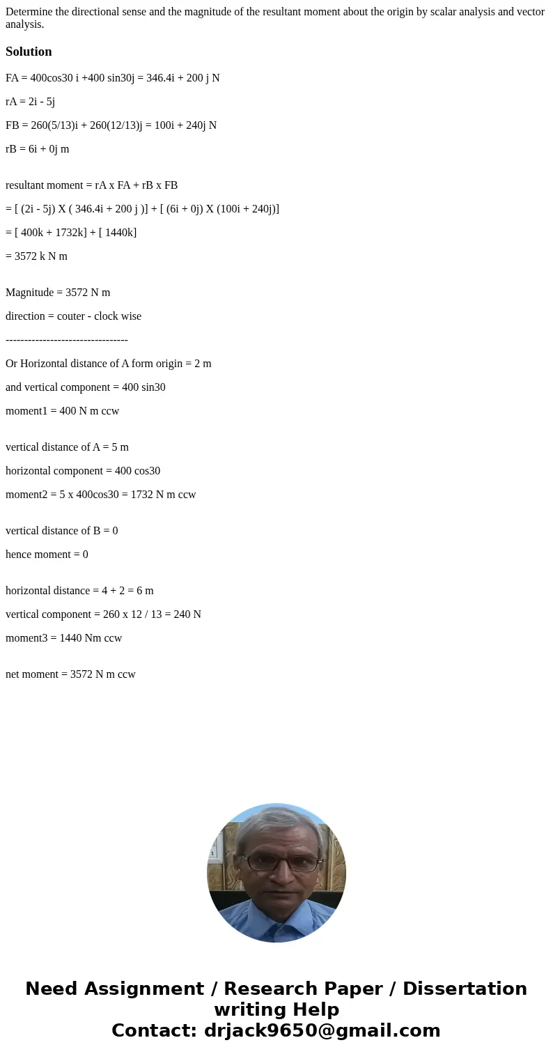 Determine the directional sense and the magnitude of the resultant moment about the origin by scalar analysis and vector analysis.SolutionFA = 400cos30 i +400   Determine the directional sense and the magnitude of the resultant moment about the origin by scalar analysis and vector analysis.SolutionFA = 400cos30 i +400