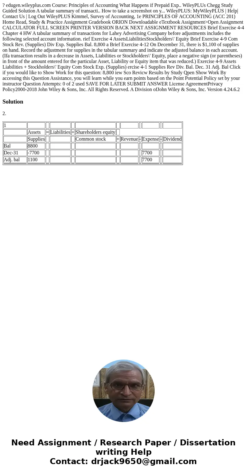  ? edugen.wileyplus.com Course: Principles of Accounting What Happens if Prepaid Exp.. WileyPLUs Chegg Study Guided Solution A tabular summary of transacti.. Ho