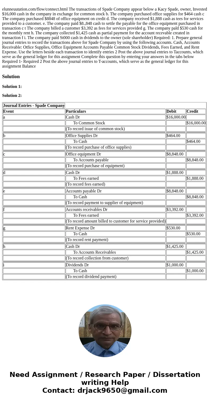  elunneuutation.com/flow/connect.html The transactions of Spade Company appear below a Kacy Spade, owner, Invested $16,000 cash in the company in exchange for c