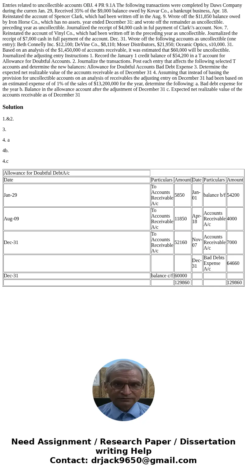  Entries related to uncollectible accounts OBJ. 4 PR 9.1A The following transactions were completed by Daws Company during the curren Jan. 29, Received 35% of t