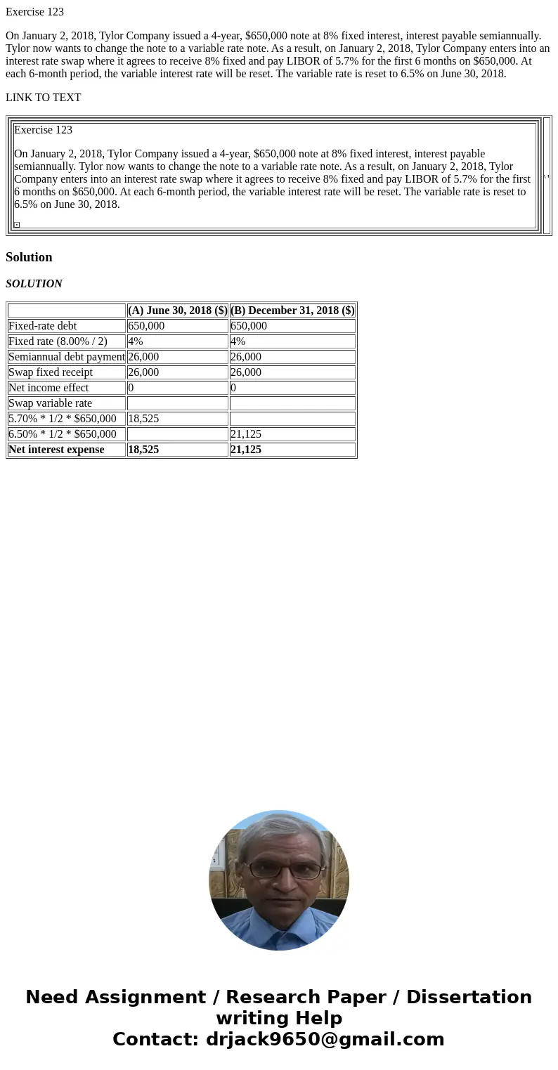 Exercise 123 On January 2, 2018, Tylor Company issued a 4-year, $650,000 note at 8% fixed interest, interest payable semiannually. Tylor now wants to change the
