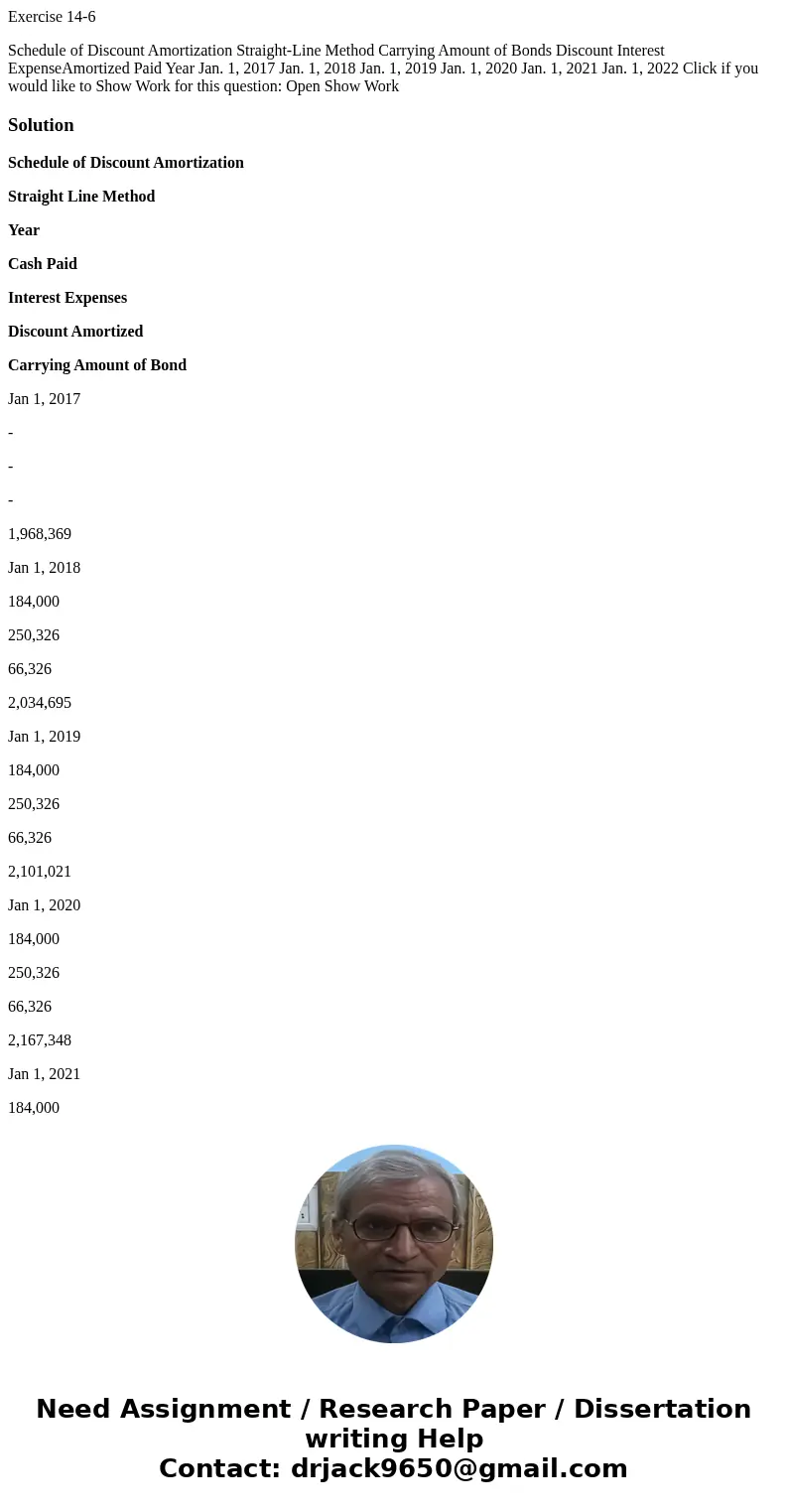 Exercise 14-6 Schedule of Discount Amortization Straight-Line Method Carrying Amount of Bonds Discount Interest ExpenseAmortized Paid Year Jan. 1, 2017 Jan. 1, 