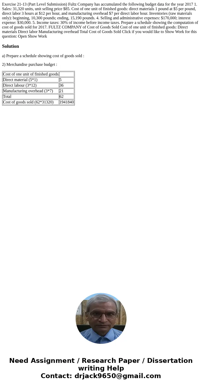 Exercise 21-13 (Part Level Submission) Fultz Company has accumulated the following budget data for the year 2017 1. Sales: 31,320 units, unit selling price $85  Exercise 21-13 (Part Level Submission) Fultz Company has accumulated the following budget data for the year 2017 1. Sales: 31,320 units, unit selling price $85