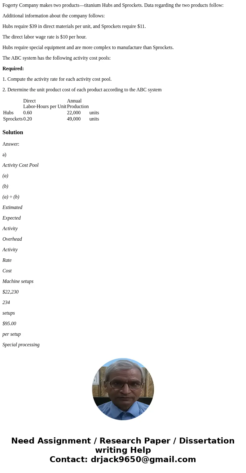 Fogerty Company makes two products—titanium Hubs and Sprockets. Data regarding the two products follow: Additional information about the company follows: Hubs r