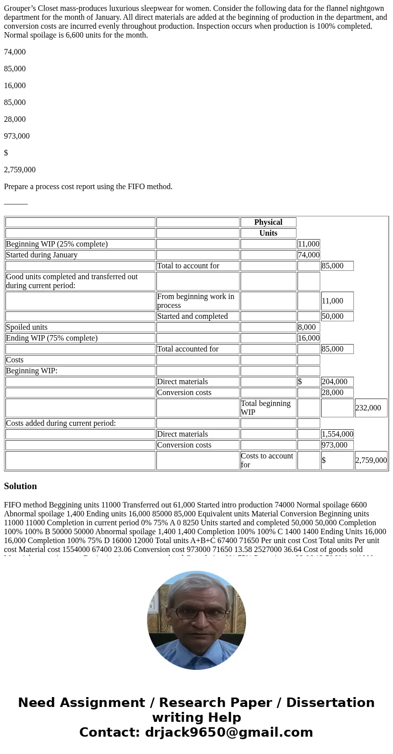 Grouper’s Closet mass-produces luxurious sleepwear for women. Consider the following data for the flannel nightgown department for the month of January. All dir