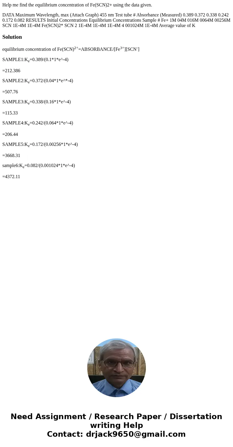Help me find the equilibrium concentration of Fe(SCN)2+ using the data given. DATA Maximum Wavelength, max (Attach Graph) 455 nm Test tube # Absorbance (Measure Help me find the equilibrium concentration of Fe(SCN)2+ using the data given. DATA Maximum Wavelength, max (Attach Graph) 455 nm Test tube # Absorbance (Measure