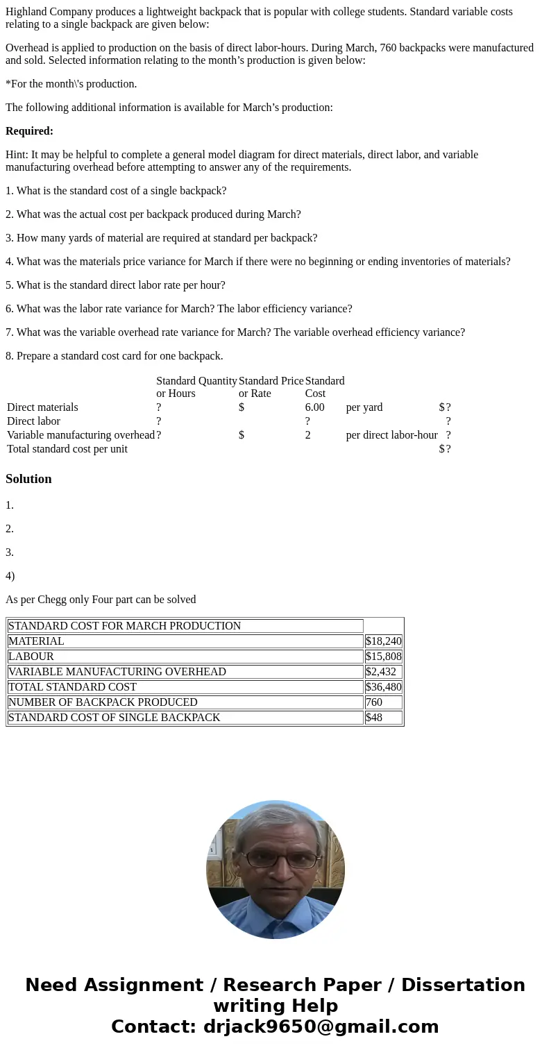 Highland Company produces a lightweight backpack that is popular with college students. Standard variable costs relating to a single backpack are given below: O