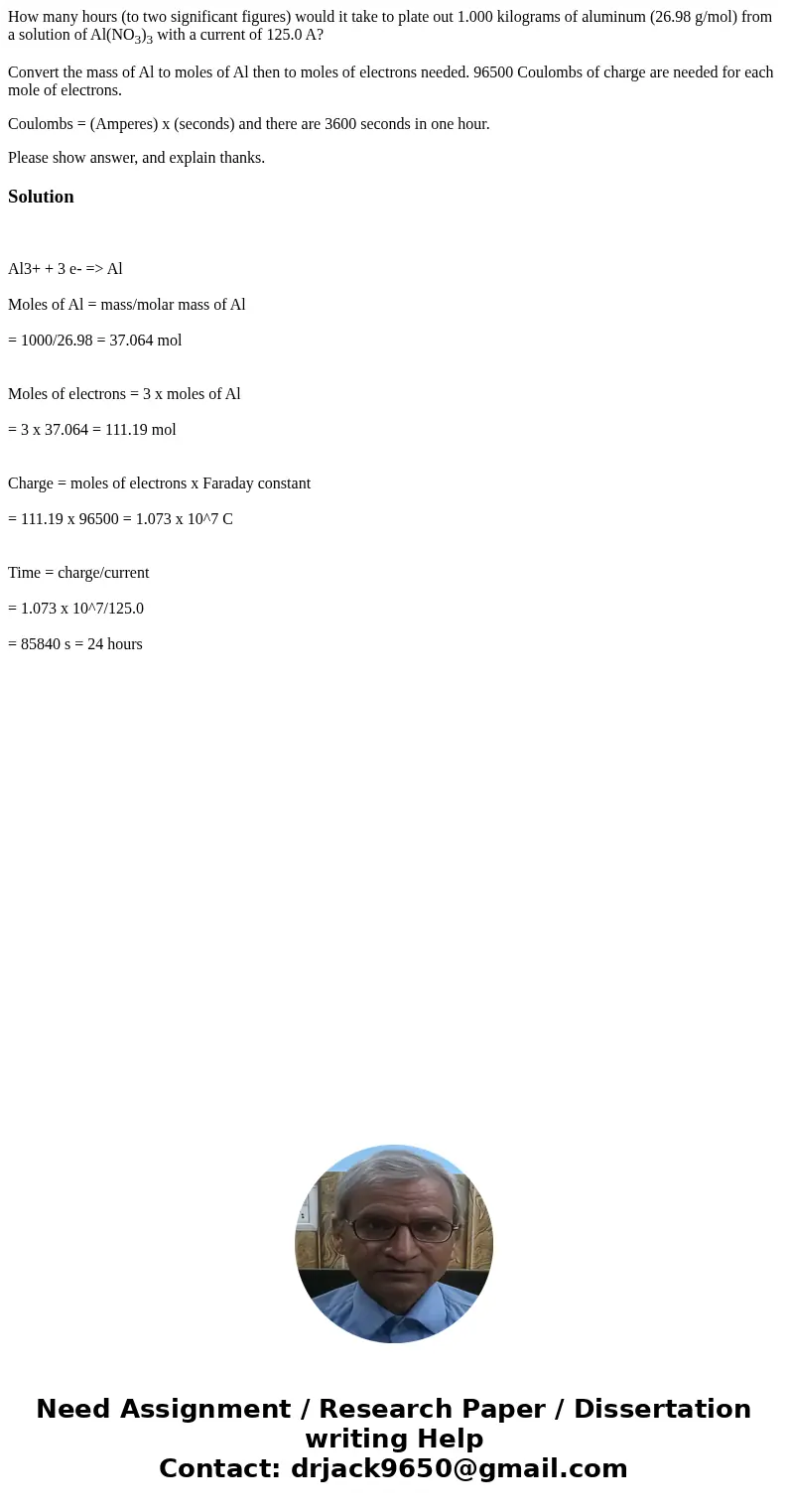 How many hours (to two significant figures) would it take to plate out 1.000 kilograms of aluminum (26.98 g/mol) from a solution of Al(NO3)3 with a current of 1 How many hours (to two significant figures) would it take to plate out 1.000 kilograms of aluminum (26.98 g/mol) from a solution of Al(NO3)3 with a current of 1