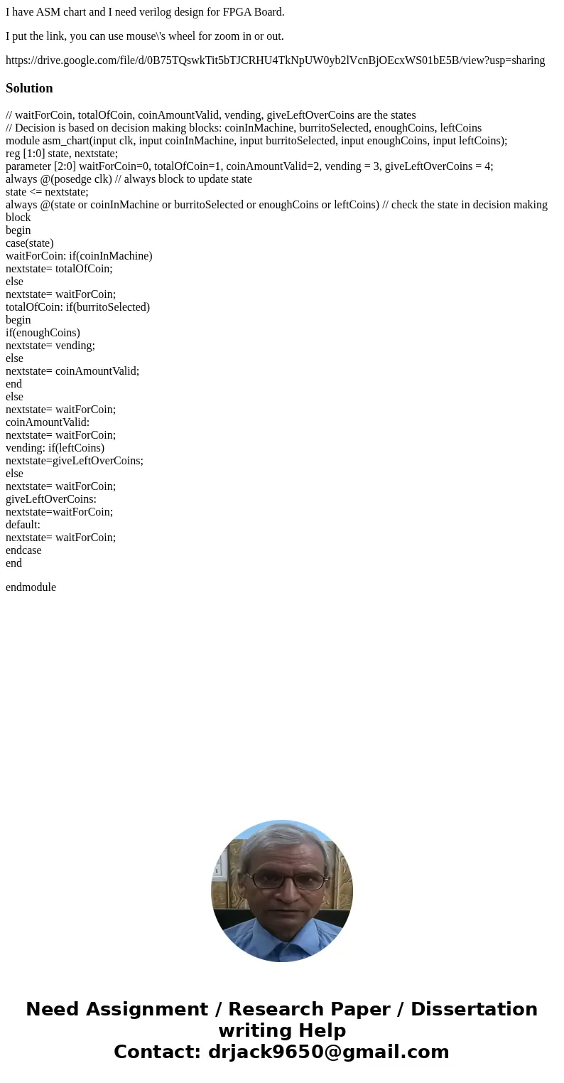 I have ASM chart and I need verilog design for FPGA Board. I put the link, you can use mouse\'s wheel for zoom in or out. https://drive.google.com/file/d/0B75TQ I have ASM chart and I need verilog design for FPGA Board. I put the link, you can use mouse\'s wheel for zoom in or out. https://drive.google.com/file/d/0B75TQ