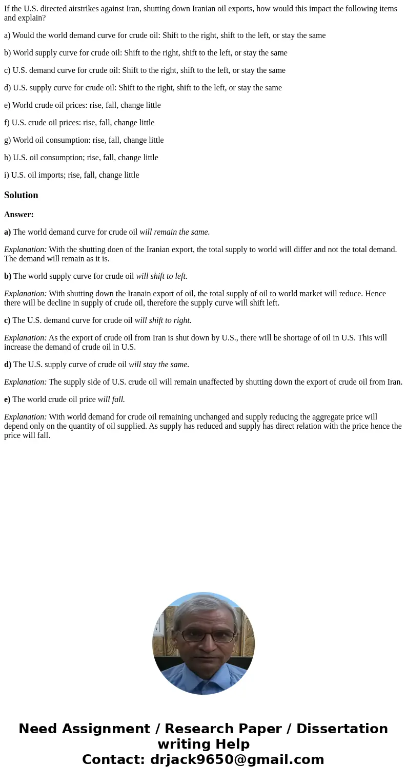 If the U.S. directed airstrikes against Iran, shutting down Iranian oil exports, how would this impact the following items and explain? a) Would the world deman