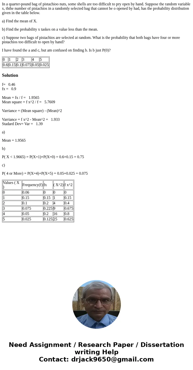 In a quarter-pound bag of pistachioo nuts, some shells are too difficult to pry open by hand. Suppose the random variable x, ththe number of pistachios in a ran In a quarter-pound bag of pistachioo nuts, some shells are too difficult to pry open by hand. Suppose the random variable x, ththe number of pistachios in a ran