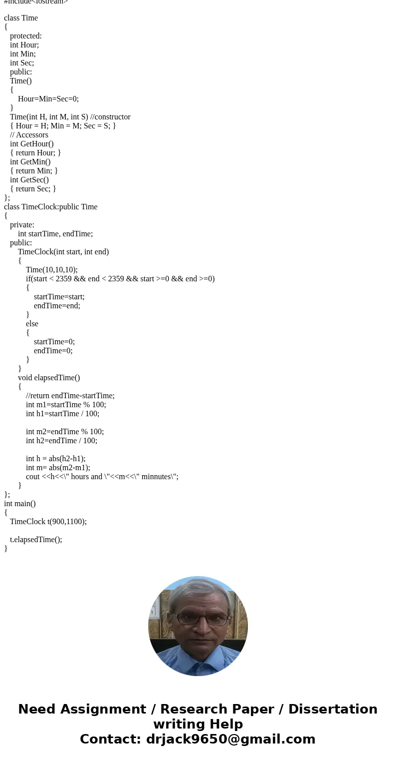 In C++: Design a class named TimeClock. The class should be derived from the Time class listed below: // Specification file for the Time class class Time { prot In C++: Design a class named TimeClock. The class should be derived from the Time class listed below: // Specification file for the Time class class Time { prot