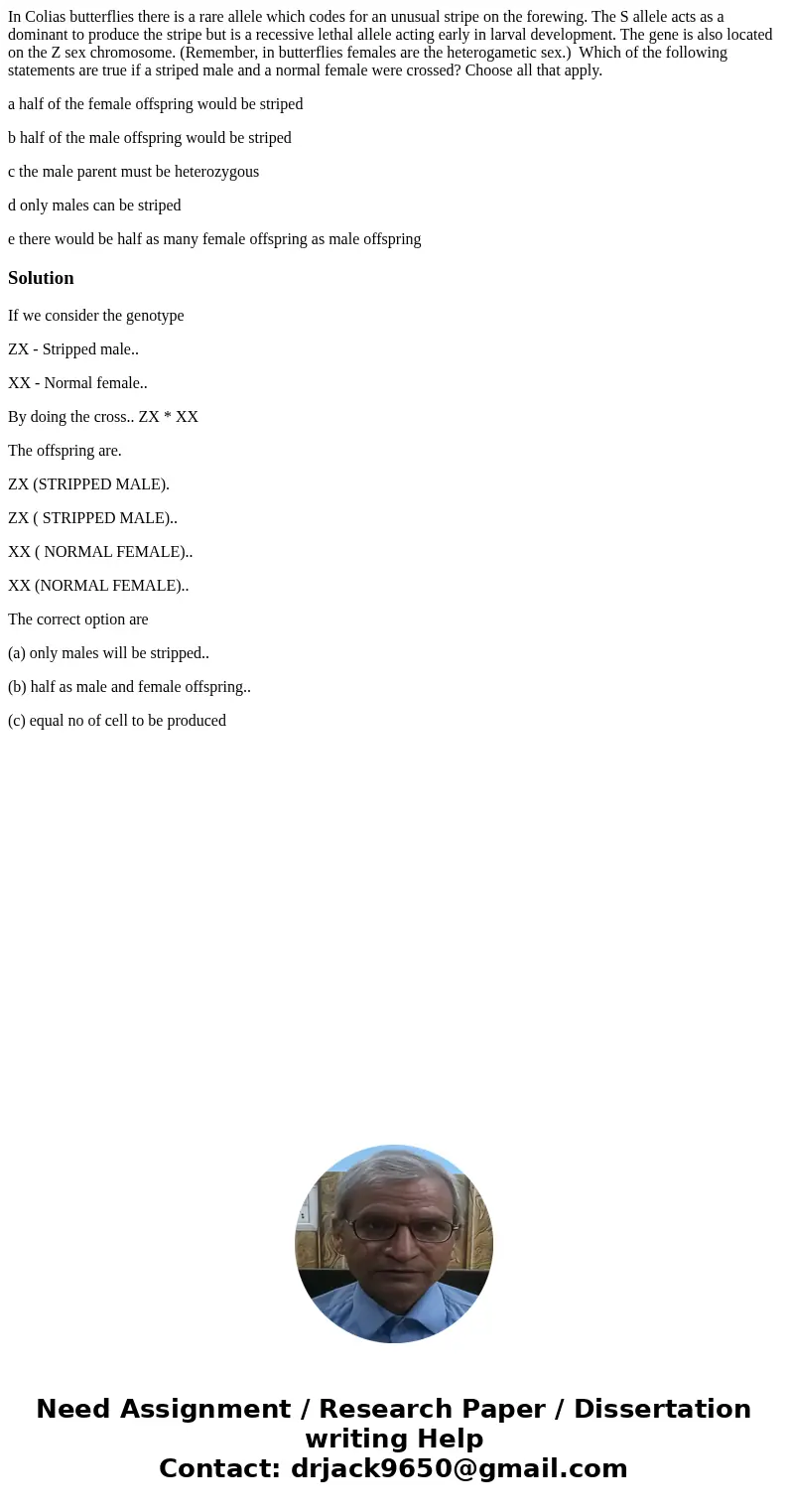 In Colias butterflies there is a rare allele which codes for an unusual stripe on the forewing. The S allele acts as a dominant to produce the stripe but is a r