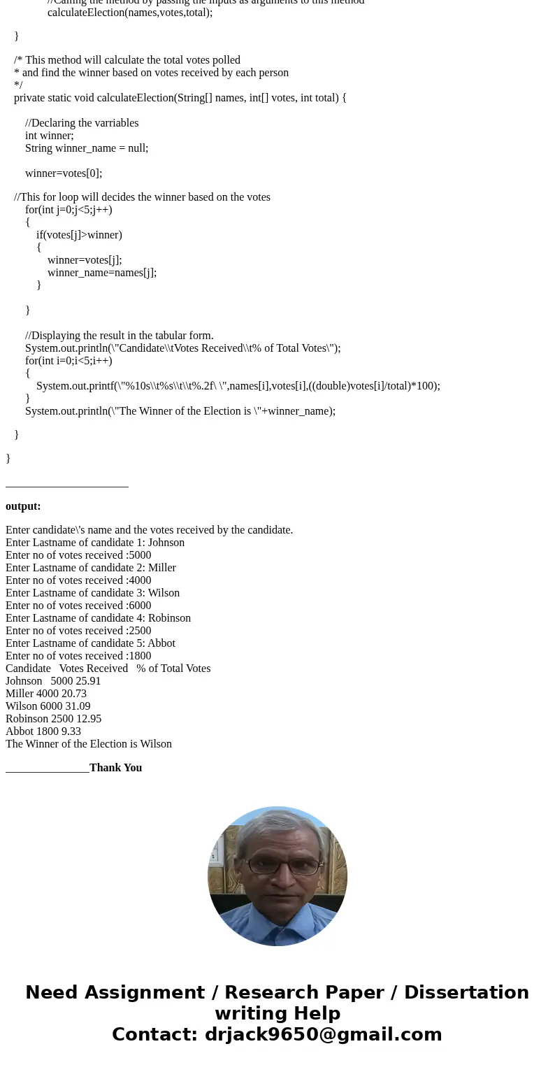 In Java Write a method that allows the user to enter the last names of five candidates in a local election and the votes received by each candidate. The program In Java Write a method that allows the user to enter the last names of five candidates in a local election and the votes received by each candidate. The program