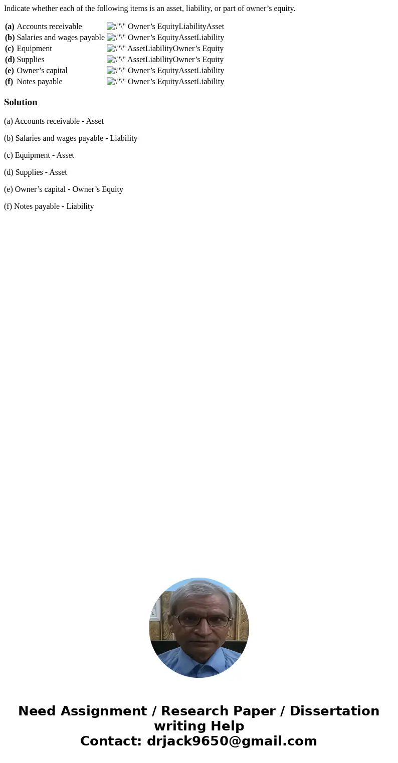 Indicate whether each of the following items is an asset, liability, or part of owner’s equity. (a) Accounts receivable Owner’s EquityLiabilityAsset (b) Salarie
