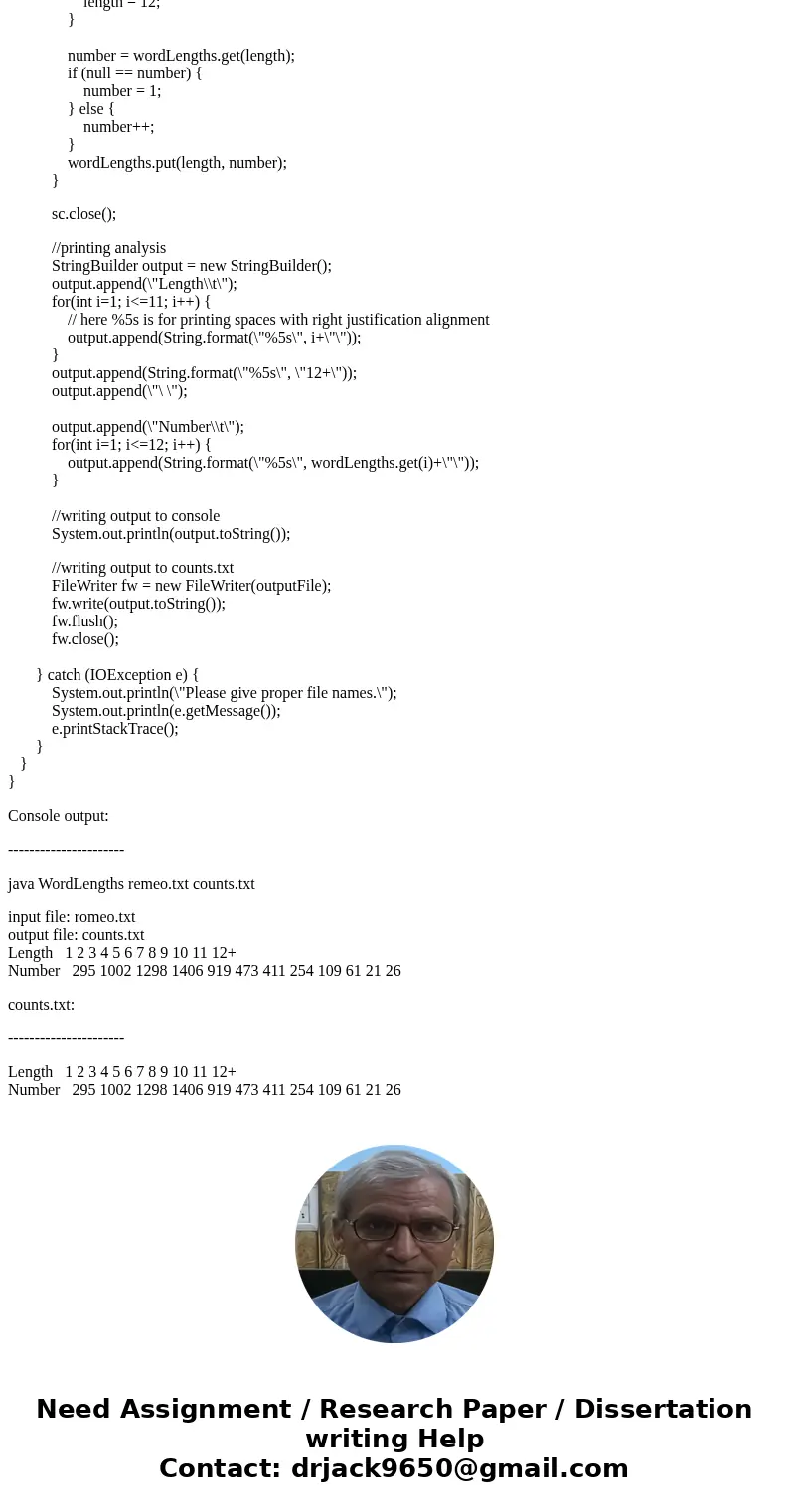 Java Code. Please help me write the code... Test file: Write a program WordLengths.java that reads in a file of text, tabulates the number of words of each leng