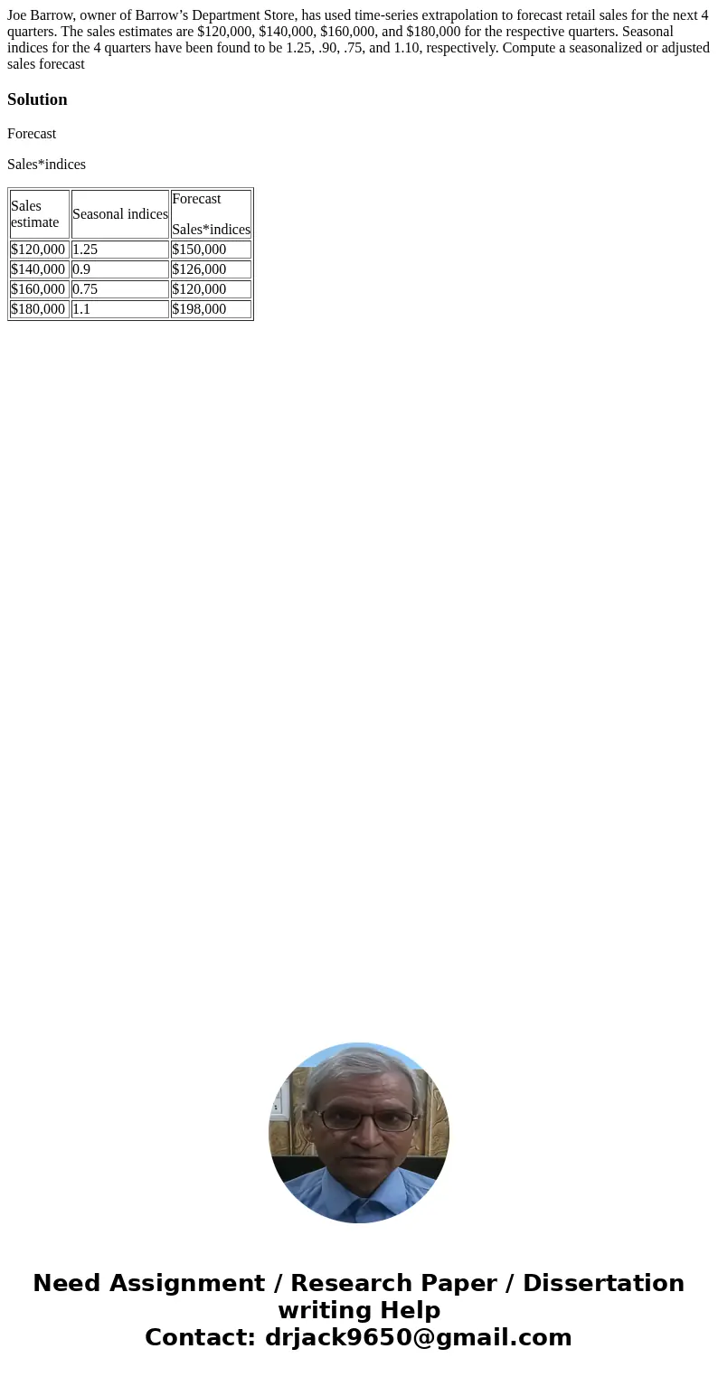 Joe Barrow, owner of Barrow’s Department Store, has used time-series extrapolation to forecast retail sales for the next 4 quarters. The sales estimates are $12 Joe Barrow, owner of Barrow’s Department Store, has used time-series extrapolation to forecast retail sales for the next 4 quarters. The sales estimates are $12