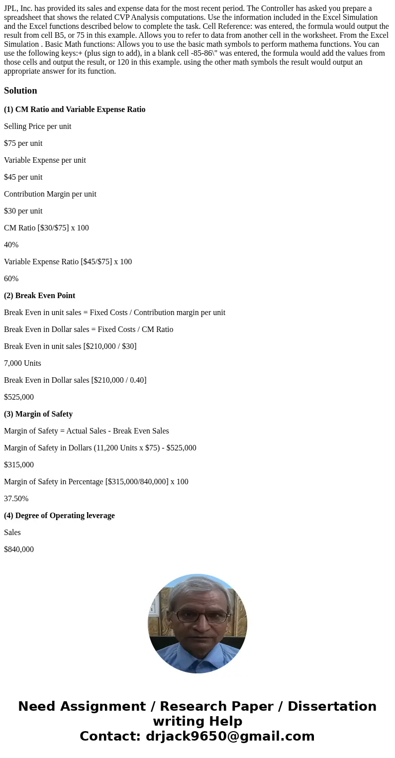 JPL, Inc. has provided its sales and expense data for the most recent period. The Controller has asked you prepare a spreadsheet that shows the related CVP Ana  JPL, Inc. has provided its sales and expense data for the most recent period. The Controller has asked you prepare a spreadsheet that shows the related CVP Ana