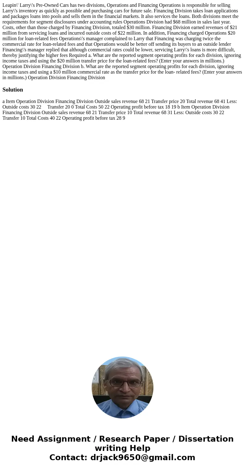 Leapin\' Larry\'s Pre-Owned Cars has two divisions, Operations and Financing Operations is responsible for selling Larry\'s inventory as quickly as possible an  Leapin\' Larry\'s Pre-Owned Cars has two divisions, Operations and Financing Operations is responsible for selling Larry\'s inventory as quickly as possible an