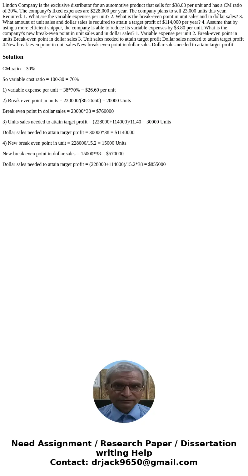 Lindon Company is the exclusive distributor for an automotive product that sells for $38.00 per unit and has a CM ratio of 30%. The company\'s fixed expenses a  Lindon Company is the exclusive distributor for an automotive product that sells for $38.00 per unit and has a CM ratio of 30%. The company\'s fixed expenses a