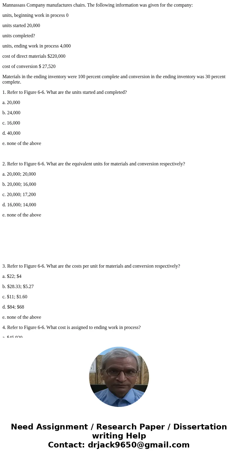 Mannassass Company manufactures chairs. The following information was given for the company: units, beginning work in process 0 units started 20,000 units compl Mannassass Company manufactures chairs. The following information was given for the company: units, beginning work in process 0 units started 20,000 units compl