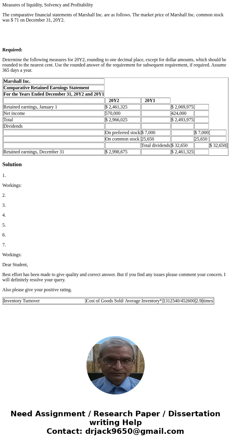 Measures of liquidity, Solvency and Profitability The comparative financial statements of Marshall Inc. are as follows. The market price of Marshall Inc. common
