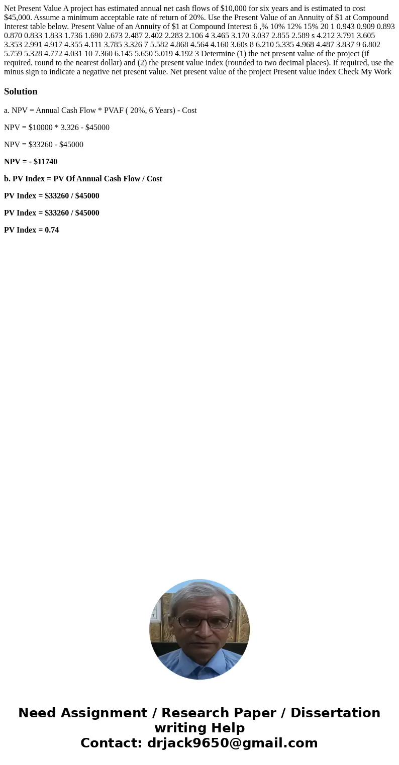 Net Present Value A project has estimated annual net cash flows of $10,000 for six years and is estimated to cost $45,000. Assume a minimum acceptable rate of   Net Present Value A project has estimated annual net cash flows of $10,000 for six years and is estimated to cost $45,000. Assume a minimum acceptable rate of