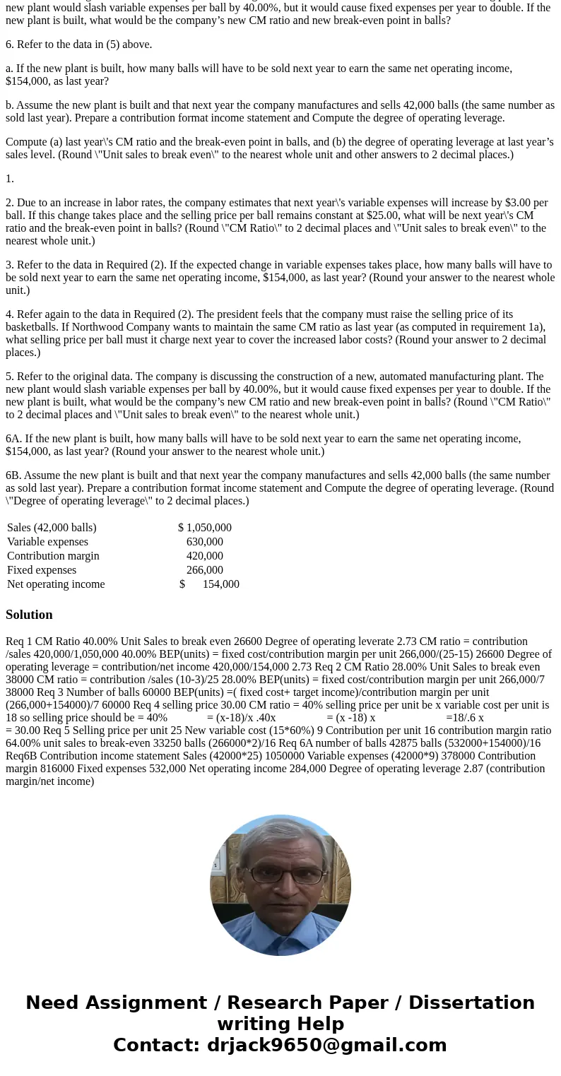 Northwood Company manufactures basketballs. The company has a ball that sells for $25. At present, the ball is manufactured in a small plant that relies heavily