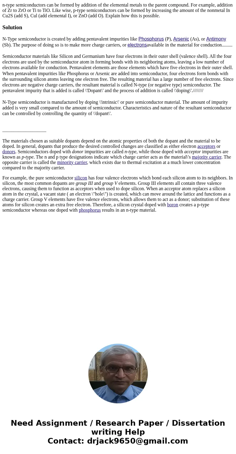 n-type semiconductors can be formed by addition of the elemental metals to the parent compound. For example, addition of Zr to ZrO or Ti to TiO. Like wise, p-ty n-type semiconductors can be formed by addition of the elemental metals to the parent compound. For example, addition of Zr to ZrO or Ti to TiO. Like wise, p-ty