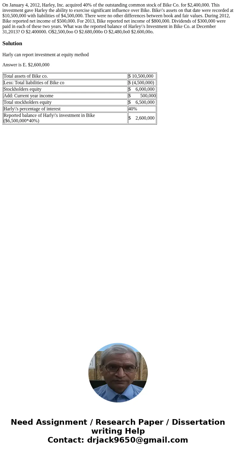 On January 4, 2012, Harley, Inc. acquired 40% of the outstanding common stock of Bike Co. for $2,400,000. This investment gave Harley the ability to exercise s  On January 4, 2012, Harley, Inc. acquired 40% of the outstanding common stock of Bike Co. for $2,400,000. This investment gave Harley the ability to exercise s