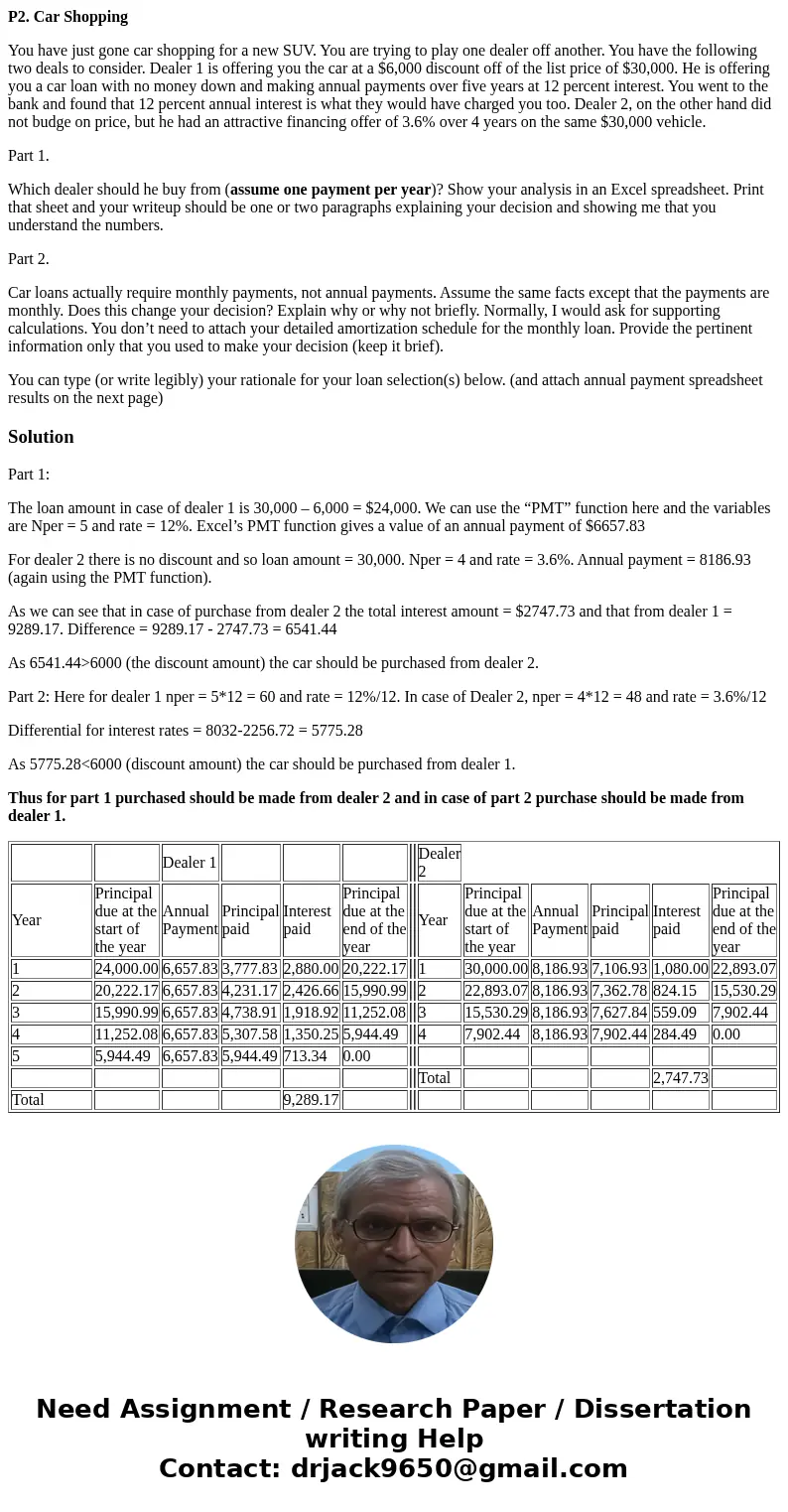 P2. Car Shopping You have just gone car shopping for a new SUV. You are trying to play one dealer off another. You have the following two deals to consider. Dea