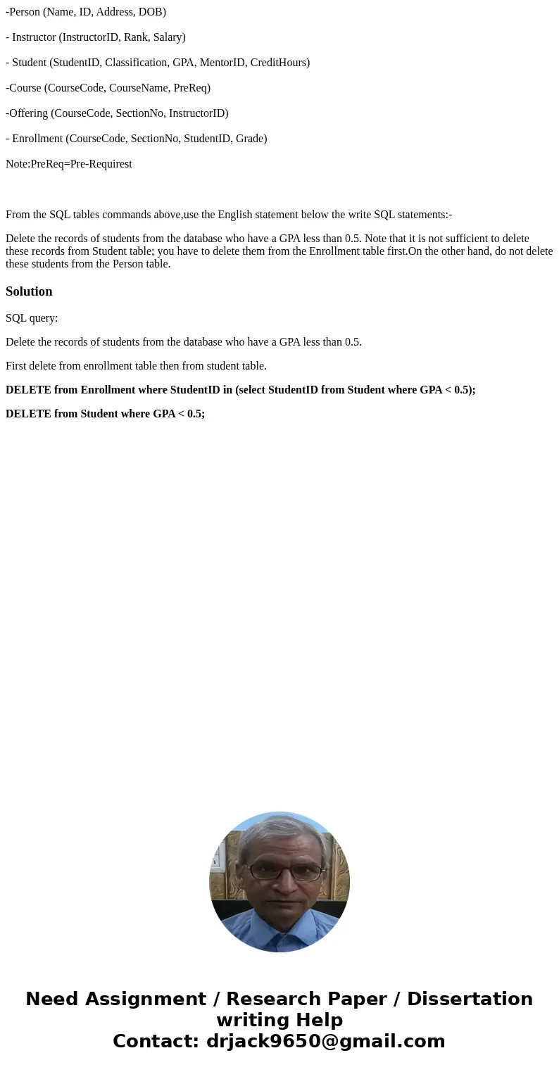 -Person (Name, ID, Address, DOB) - Instructor (InstructorID, Rank, Salary) - Student (StudentID, Classification, GPA, MentorID, CreditHours) -Course (CourseCode -Person (Name, ID, Address, DOB) - Instructor (InstructorID, Rank, Salary) - Student (StudentID, Classification, GPA, MentorID, CreditHours) -Course (CourseCode