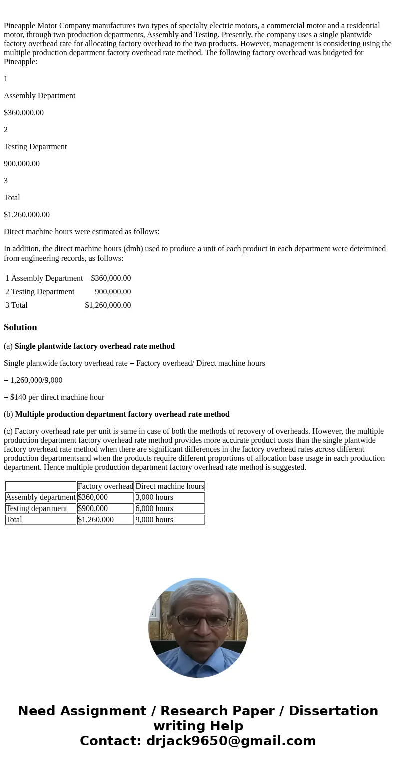 Pineapple Motor Company manufactures two types of specialty electric motors, a commercial motor and a residential motor, through two production departments, As  Pineapple Motor Company manufactures two types of specialty electric motors, a commercial motor and a residential motor, through two production departments, As