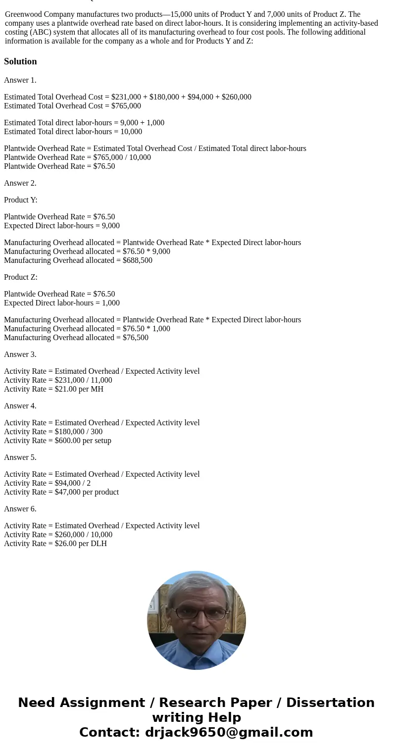 PLEASE ANSWER ALL QUESTIONS! Greenwood Company manufactures two products—15,000 units of Product Y and 7,000 units of Product Z. The company uses a plantwide ov PLEASE ANSWER ALL QUESTIONS! Greenwood Company manufactures two products—15,000 units of Product Y and 7,000 units of Product Z. The company uses a plantwide ov