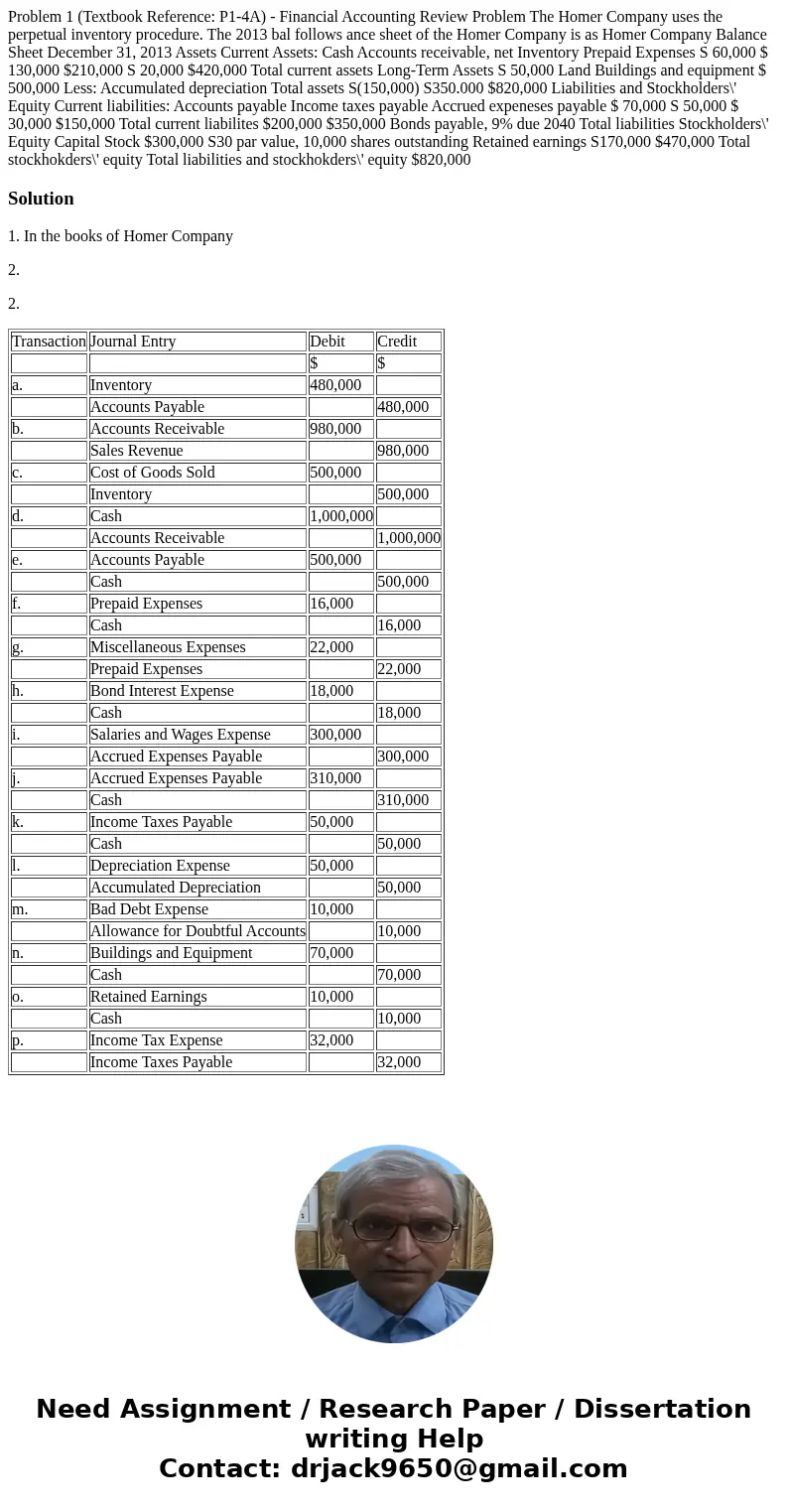 Problem 1 (Textbook Reference: P1-4A) - Financial Accounting Review Problem The Homer Company uses the perpetual inventory procedure. The 2013 bal follows ance  Problem 1 (Textbook Reference: P1-4A) - Financial Accounting Review Problem The Homer Company uses the perpetual inventory procedure. The 2013 bal follows ance