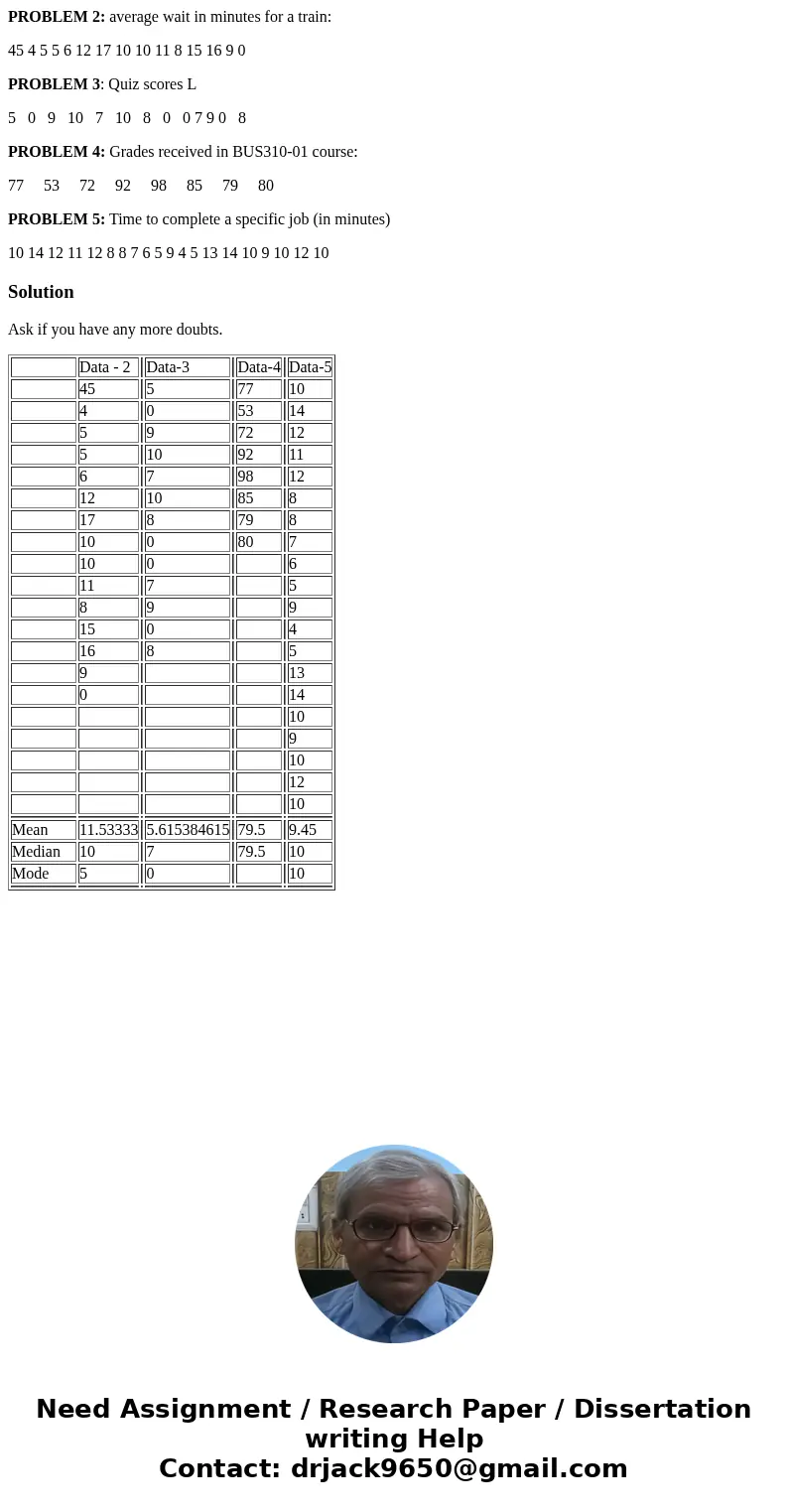 PROBLEM 2: average wait in minutes for a train: 45 4 5 5 6 12 17 10 10 11 8 15 16 9 0 PROBLEM 3: Quiz scores L 5 0 9 10 7 10 8 0 0 7 9 0 8 PROBLEM 4: Grades rec PROBLEM 2: average wait in minutes for a train: 45 4 5 5 6 12 17 10 10 11 8 15 16 9 0 PROBLEM 3: Quiz scores L 5 0 9 10 7 10 8 0 0 7 9 0 8 PROBLEM 4: Grades rec