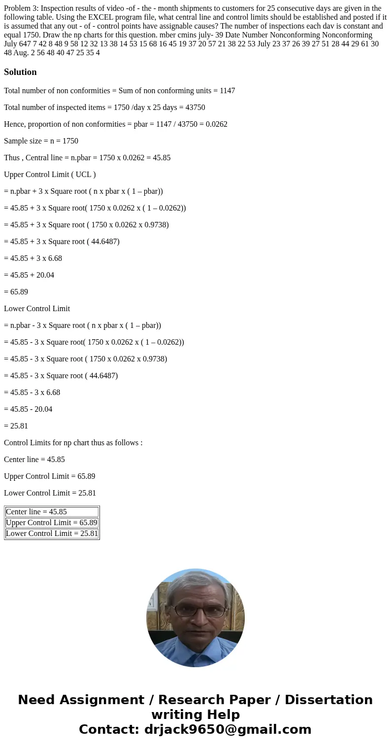 Problem 3: Inspection results of video -of - the - month shipments to customers for 25 consecutive days are given in the following table. Using the EXCEL progr  Problem 3: Inspection results of video -of - the - month shipments to customers for 25 consecutive days are given in the following table. Using the EXCEL progr