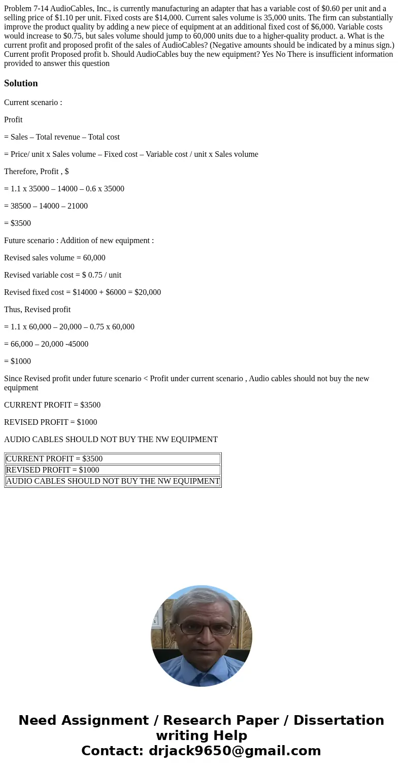 Problem 7-14 AudioCables, Inc., is currently manufacturing an adapter that has a variable cost of $0.60 per unit and a selling price of $1.10 per unit. Fixed c  Problem 7-14 AudioCables, Inc., is currently manufacturing an adapter that has a variable cost of $0.60 per unit and a selling price of $1.10 per unit. Fixed c