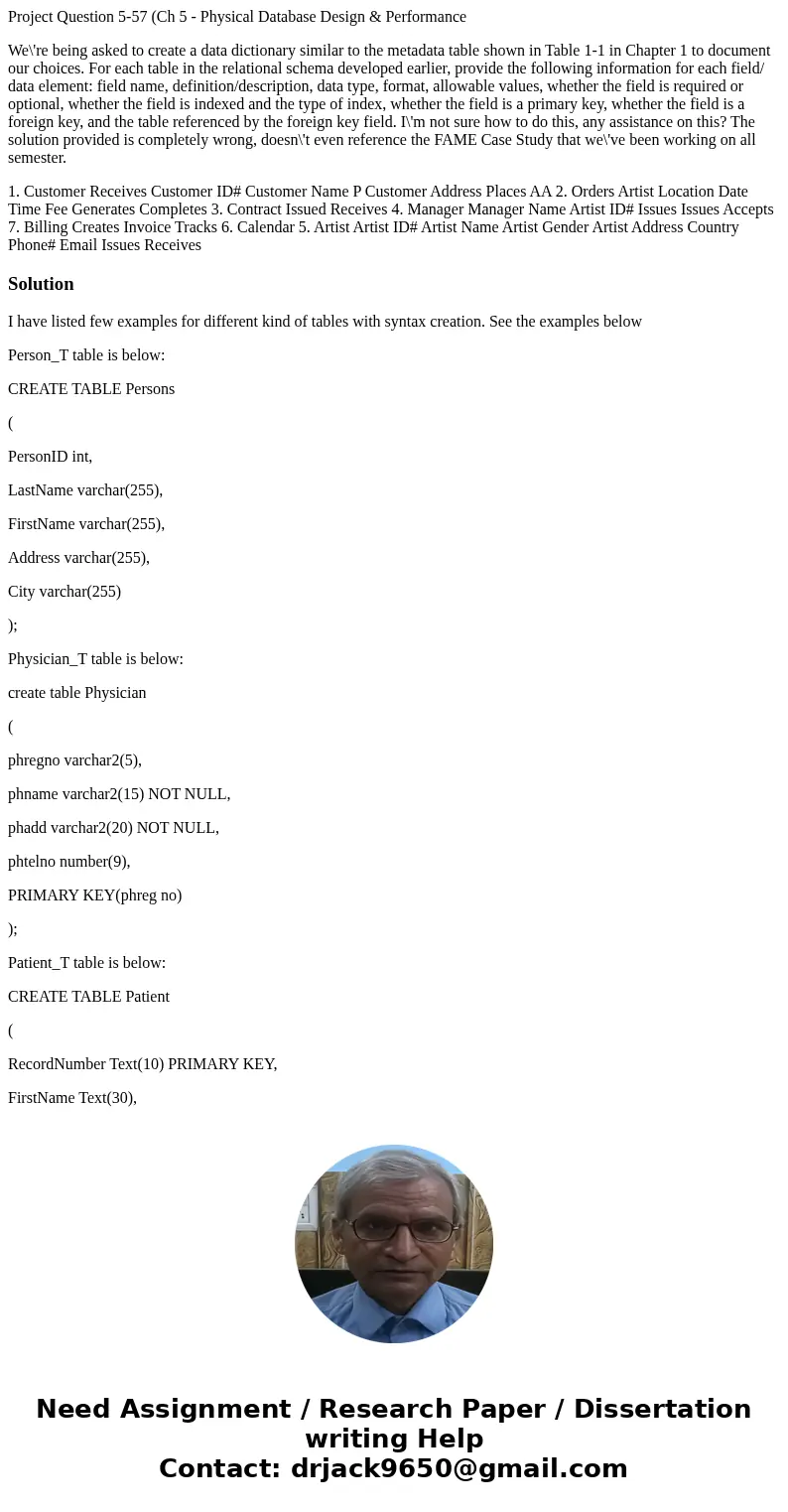 Project Question 5-57 (Ch 5 - Physical Database Design & Performance We\'re being asked to create a data dictionary similar to the metadata table shown in T Project Question 5-57 (Ch 5 - Physical Database Design & Performance We\'re being asked to create a data dictionary similar to the metadata table shown in T