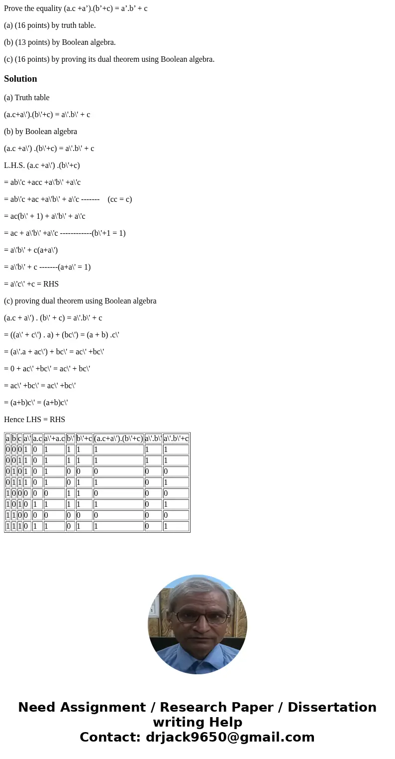 Prove the equality (a.c +a’).(b’+c) = a’.b’ + c (a) (16 points) by truth table. (b) (13 points) by Boolean algebra. (c) (16 points) by proving its dual theorem 