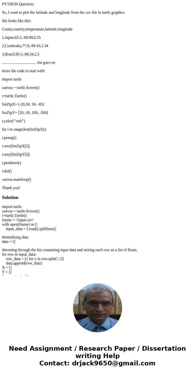 PYTHON Question: So, I want to plot the latitude and longitude from the csv file in turtle graphics file looks like this: Count,country,temperature,latitude,lon PYTHON Question: So, I want to plot the latitude and longitude from the csv file in turtle graphics file looks like this: Count,country,temperature,latitude,lon