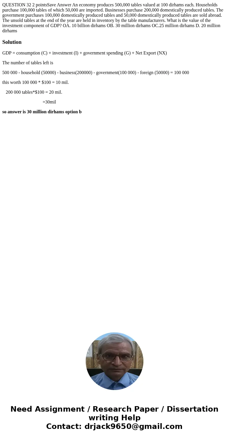 QUESTION 32 2 pointsSave Answer An economy produces 500,000 tables valued at 100 dirhams each. Households purchase 100,000 tables of which 50,000 are imported.  QUESTION 32 2 pointsSave Answer An economy produces 500,000 tables valued at 100 dirhams each. Households purchase 100,000 tables of which 50,000 are imported.
