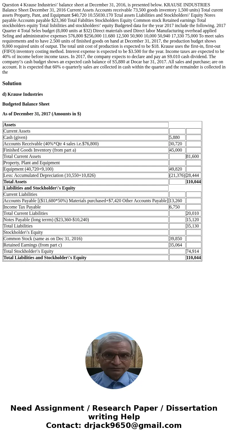  Question 4 Krause Industries\' balance sheet at December 31, 2016, is presented below. KRAUSE INDUSTRIES Balance Sheet December 31, 2016 Current Assets Account