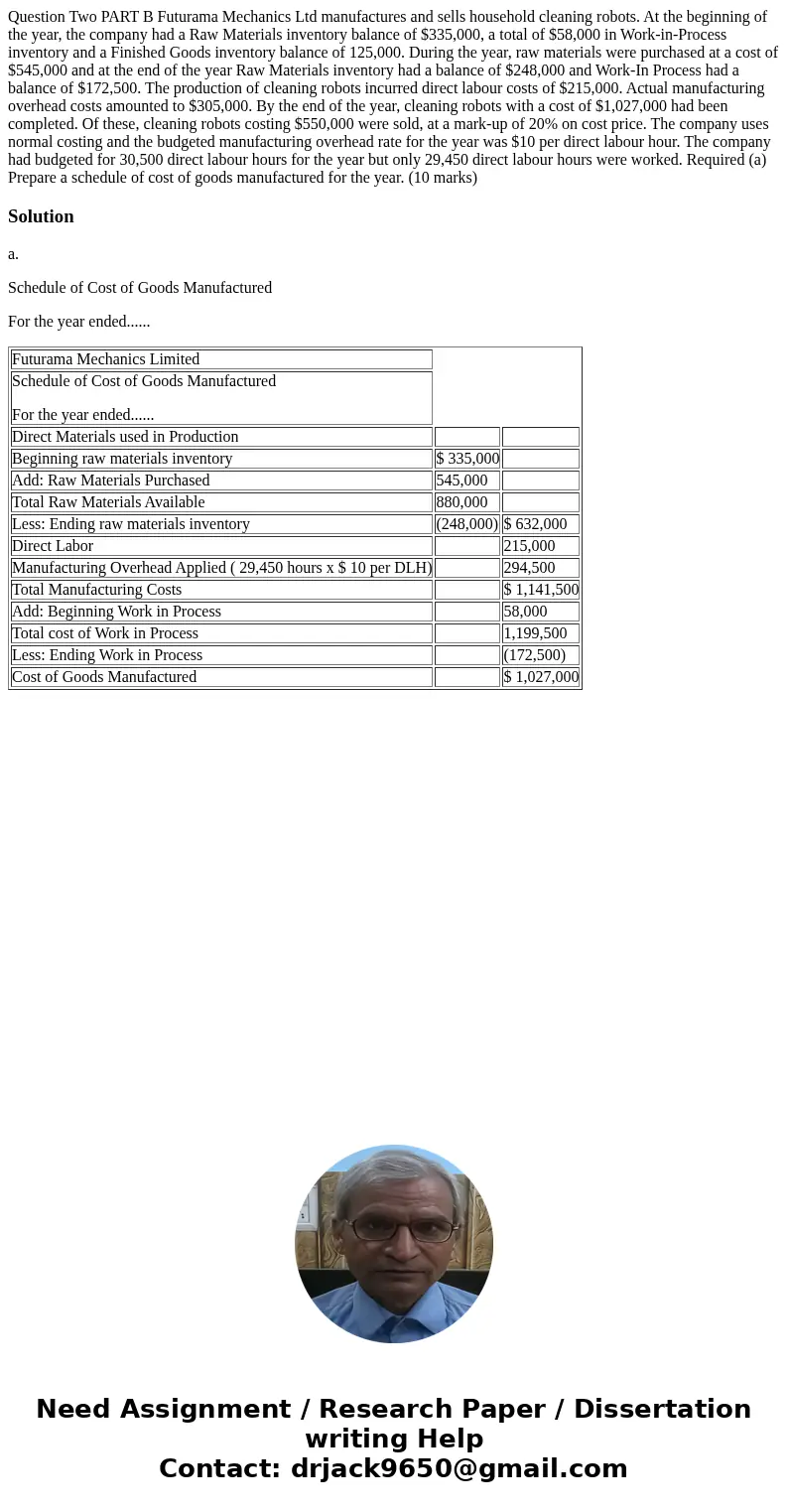  Question Two PART B Futurama Mechanics Ltd manufactures and sells household cleaning robots. At the beginning of the year, the company had a Raw Materials inve