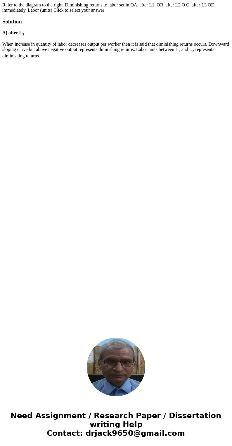 Refer to the diagram to the right. Diminishing returns to labor set in OA, after L1. OB, after L2 O C. after L3 OD. immediately. Labor (units) Click to select   Refer to the diagram to the right. Diminishing returns to labor set in OA, after L1. OB, after L2 O C. after L3 OD. immediately. Labor (units) Click to select