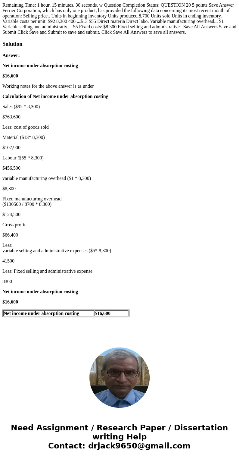 Remaining Time: 1 hour, 15 minutes, 30 seconds. w Question Completion Status: QUESTION 20 5 points Save Answer Ferrier Corporation, which has only one product,  Remaining Time: 1 hour, 15 minutes, 30 seconds. w Question Completion Status: QUESTION 20 5 points Save Answer Ferrier Corporation, which has only one product,
