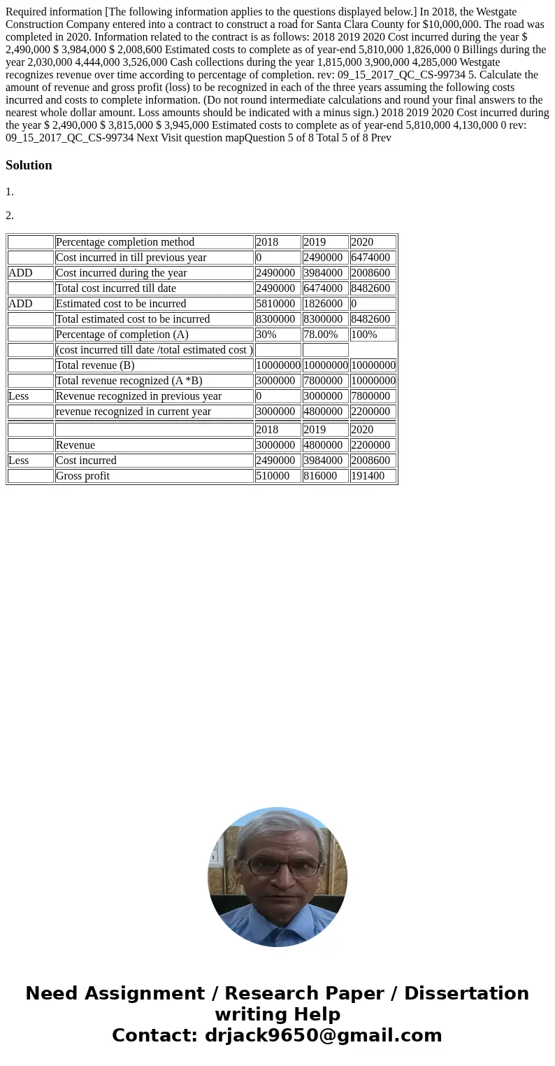 Required information [The following information applies to the questions displayed below.] In 2018, the Westgate Construction Company entered into a contract to
