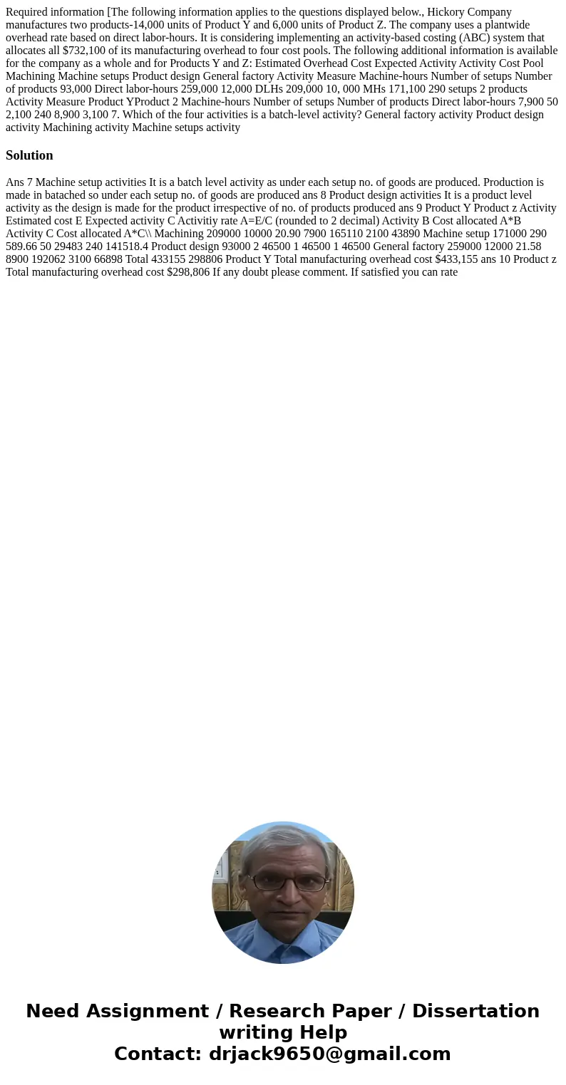Required information [The following information applies to the questions displayed below., Hickory Company manufactures two products-14,000 units of Product Y   Required information [The following information applies to the questions displayed below., Hickory Company manufactures two products-14,000 units of Product Y