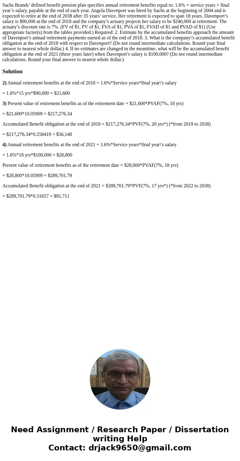 Sachs Brands’ defined benefit pension plan specifies annual retirement benefits equal to: 1.6% × service years × final year’s salary, payable at the end of each Sachs Brands’ defined benefit pension plan specifies annual retirement benefits equal to: 1.6% × service years × final year’s salary, payable at the end of each